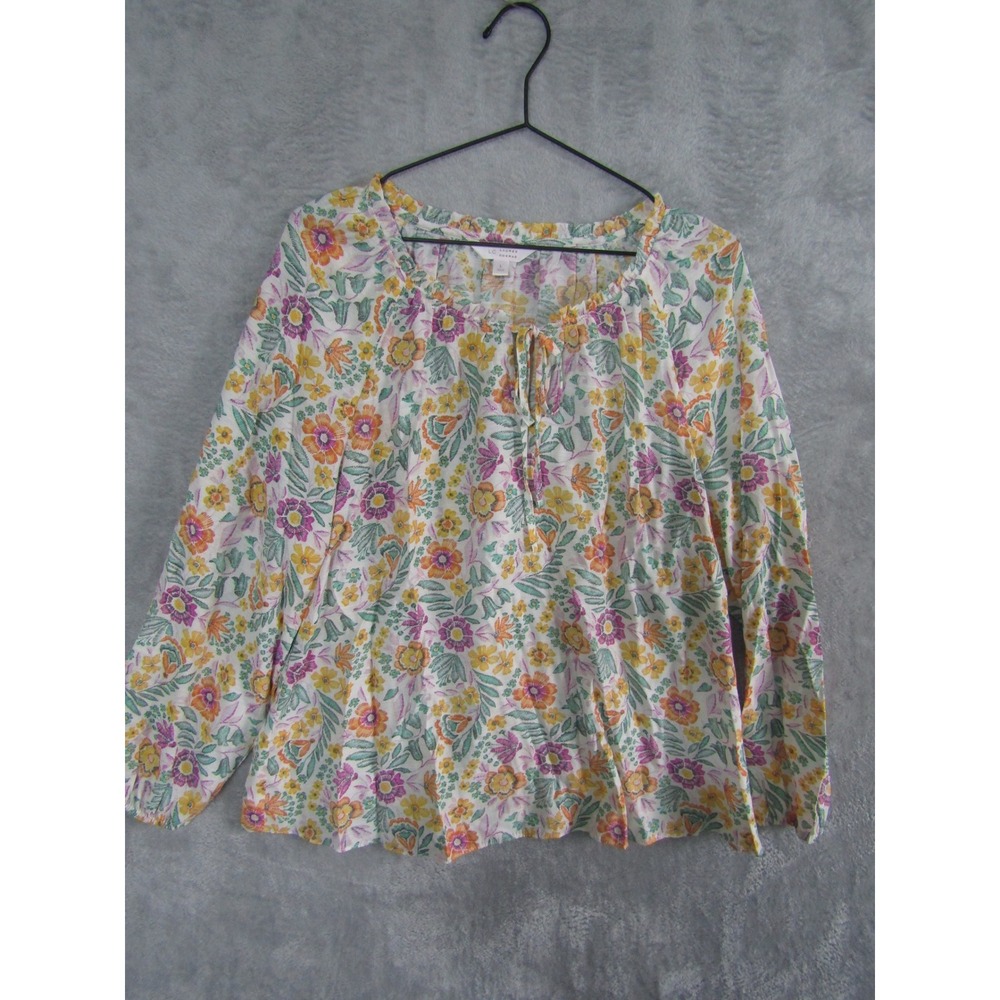 LC Lauren Conrad Floral Peasant Blouse Womens Large L Long Sleeve Scoop Neck Tie